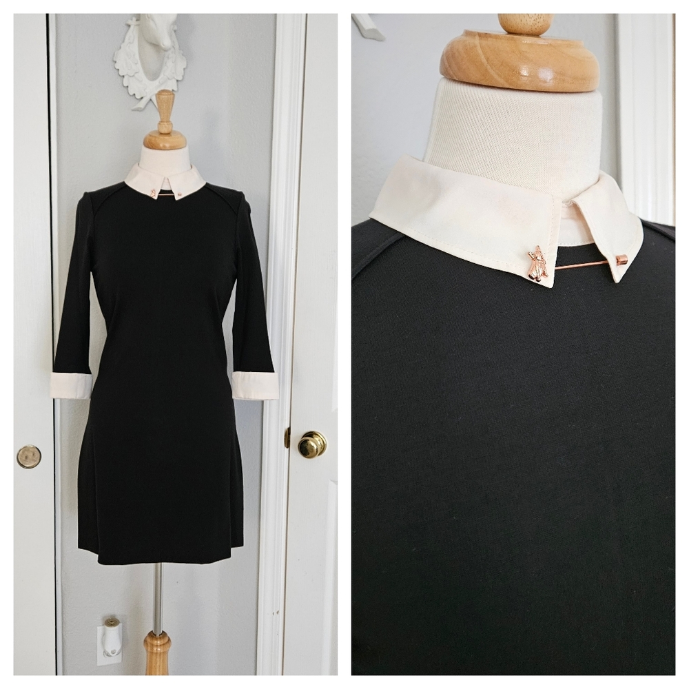 Lovely Black Ted Baker Mini Shift Dress with Pink Peter Pan Collar and Stick Pin
